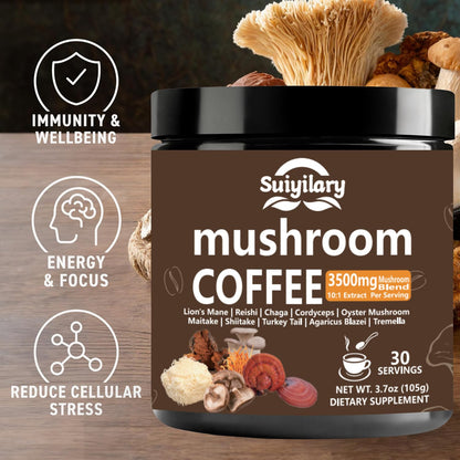 Suiyilary 10 Mushroom Coffee with Arabica w, Lion's Mane, Reishi, Mushroom Polysaccharides & More, Instant Mushrooms Powder for Focus, Immunity Boost, Suiyilary