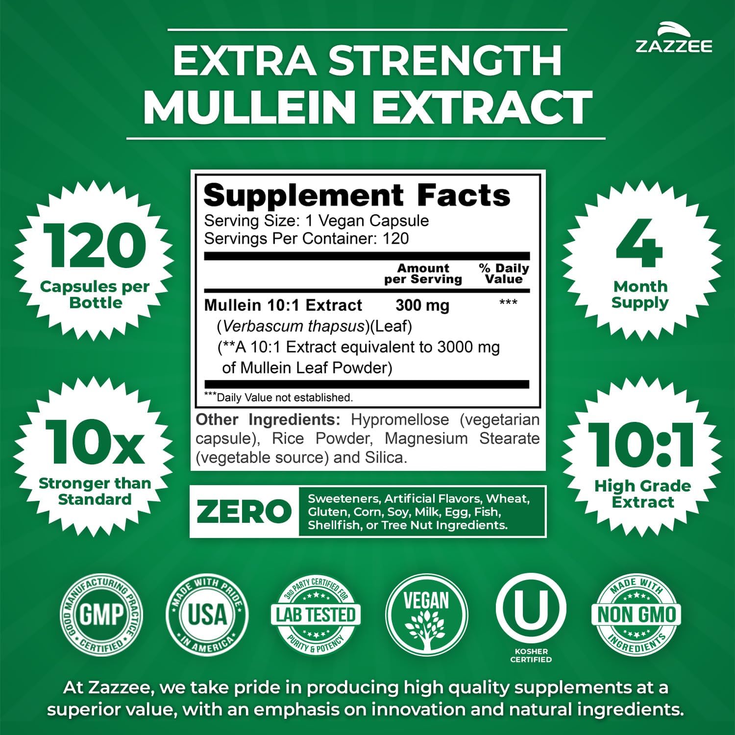 Zazzee Extra Strength Mullein Leaf 10:1 Extract, 120 Vegan Capsules | 4 Month Supply, Respiratory & Lung Support, Certified Kosher, 100% Pure Leaf Powder, Verbascum Thapsus, Non-GMO, Made in USA Gsupps Australia