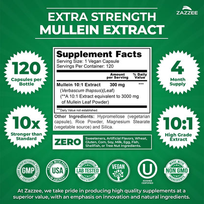 Zazzee Extra Strength Mullein Leaf 10:1 Extract, 120 Vegan Capsules | 4 Month Supply, Respiratory & Lung Support, Certified Kosher, 100% Pure Leaf Powder, Verbascum Thapsus, Non-GMO, Made in USA Gsupps Australia