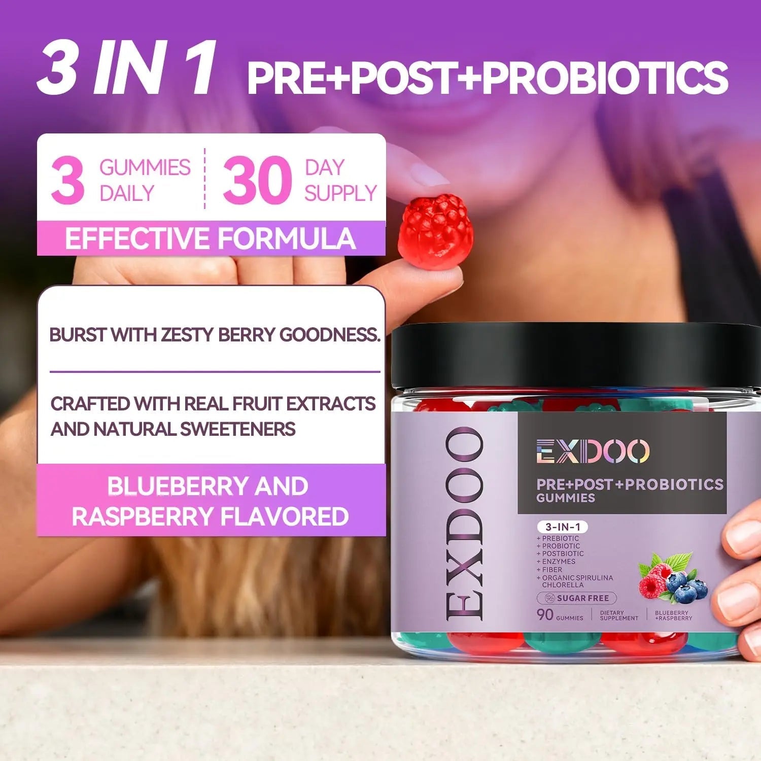 exdoo 3-in-1 Probiotic Gummies Prebiotic+Probiotic+Postbiotic with Organic Spirulina Chlorella Immune Gut & Digestive Support 90 Count exdoo buy australia supplements