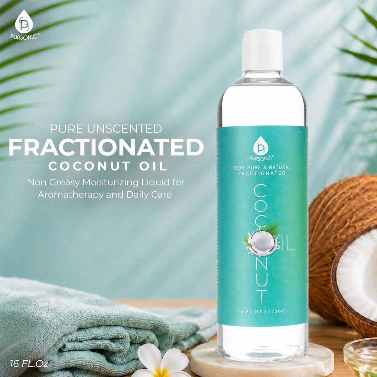 Pursonic Pure Unscented Fractionated Coconut Oil - 16 Oz Multipurpose Oil for Skin, Hair, Body Massage & Makeup Removal - Carrier Oil for Essential Oils and Aromatherapy Pursonic