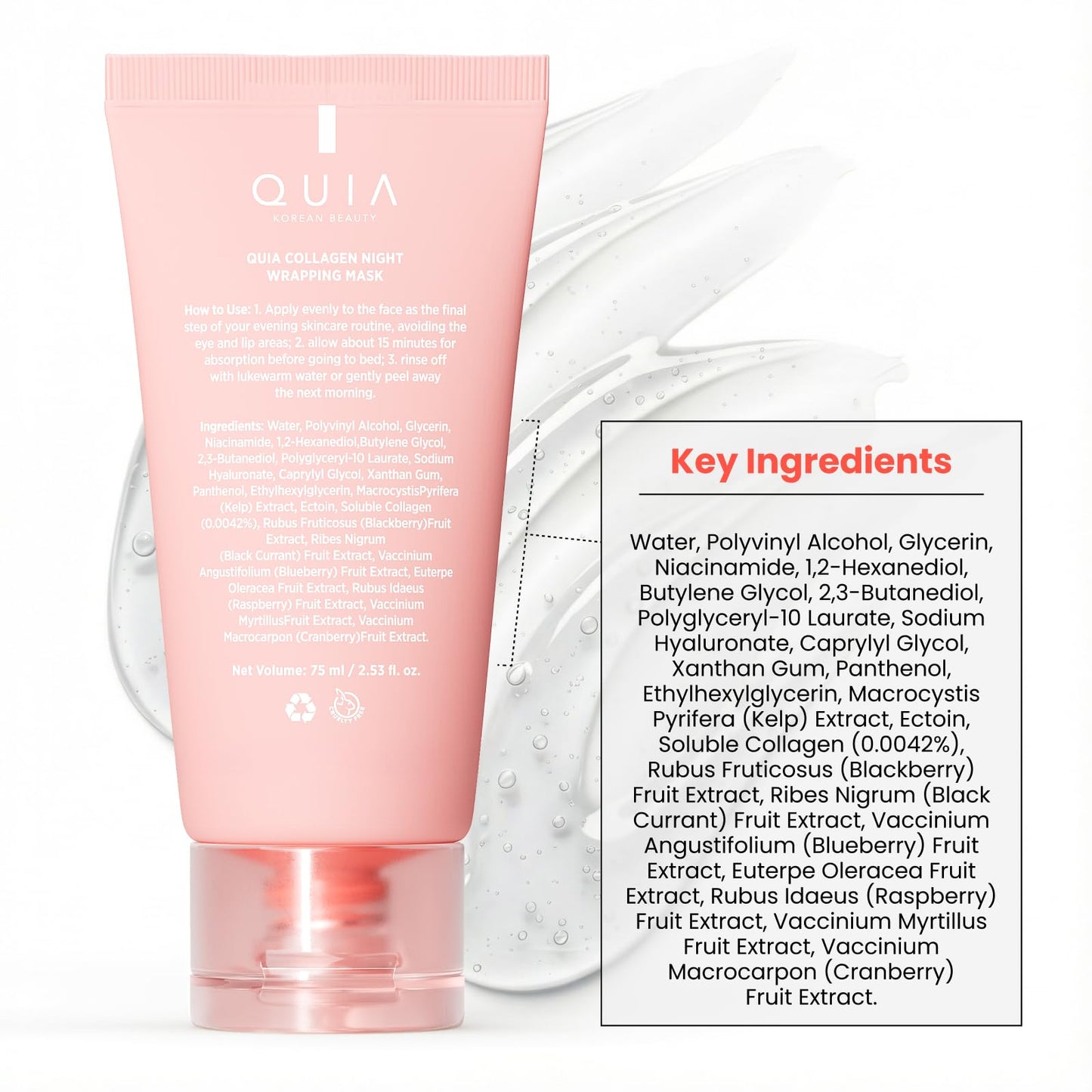 QUIA Collagen Wrapping Mask 75ml - Clinical +92% Firmer Appearance - Overnight Glass Skin Peel Off - Korean Skincare QUIA Beauty