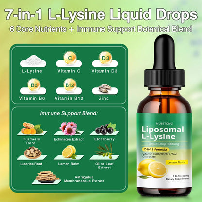 Liposomal L-Lysine 1000mg Liquid Drops, 7-in-1 Lysine Supplement for Adults with Vitamin C/B6/D3/B12 & Zinc Gluconate, Immune Support, Collagen Synthesis & Skin Lip Health, Lemon Flavor, 2 Fl Oz Nubetong
