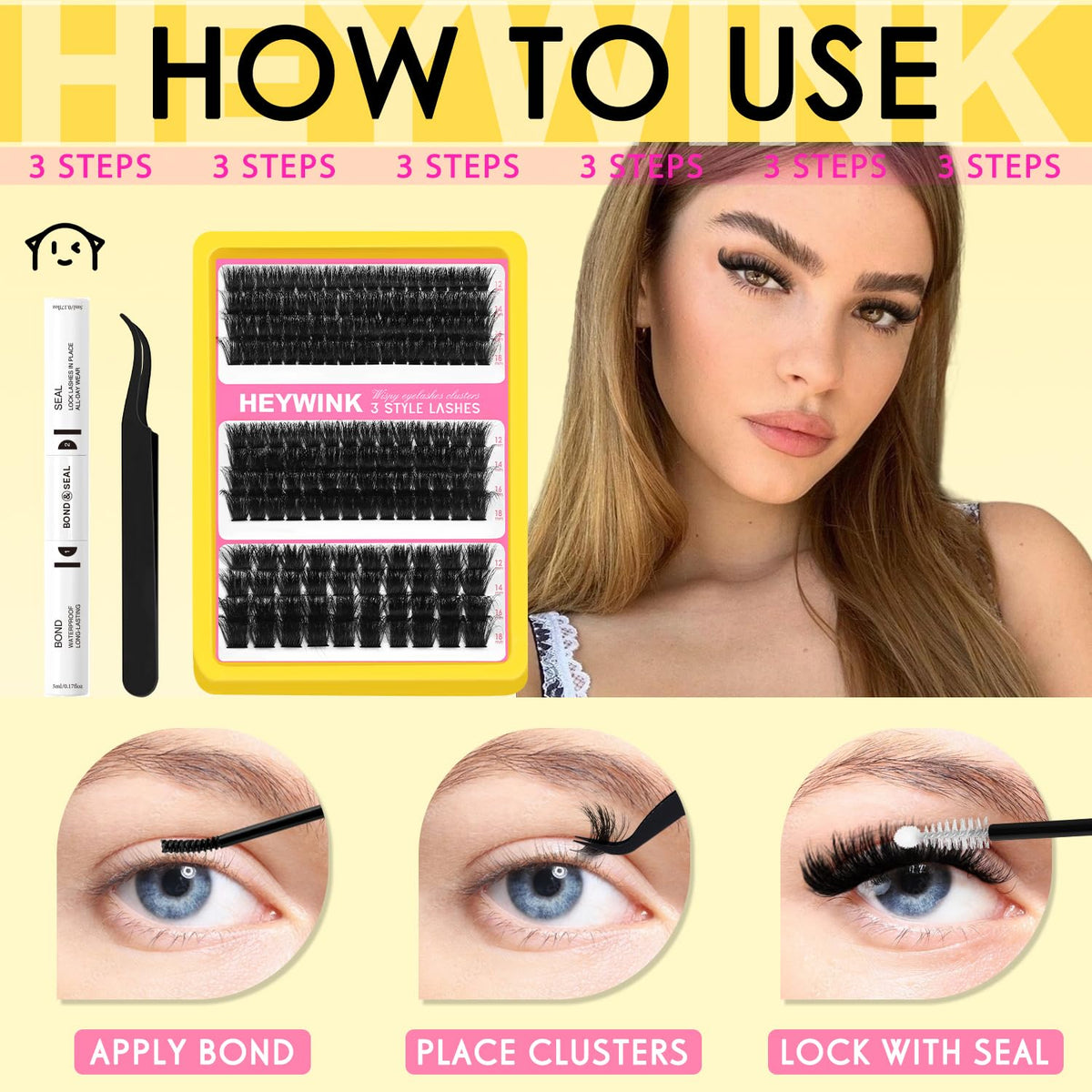 HEYWINK Lash Clusters Kit 60D 80D 100D Thick Cluster Eyelash Extensions 12-18mm Lash Clusters Individual Lash Extensions DIY Clusters Lashes Extension at Home (60D+80D+100D 12-18MM Kit) HEYWINK
