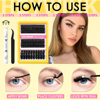 HEYWINK Lash Clusters Kit 60D 80D 100D Thick Cluster Eyelash Extensions 12-18mm Lash Clusters Individual Lash Extensions DIY Clusters Lashes Extension at Home (60D+80D+100D 12-18MM Kit) HEYWINK