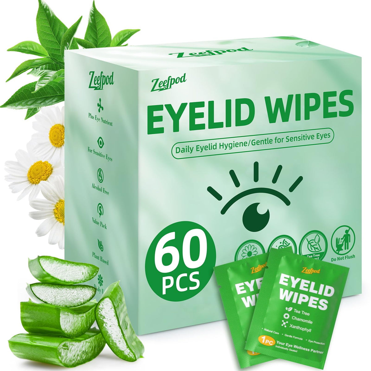60PCS Tea Tree Oil Eyelid Wipes – Individually Wrapped Eye Lid Cleaning Wipes，Soothing For Sensitive Eyes, Stay Hydrated Lid Wipe Zeefpod