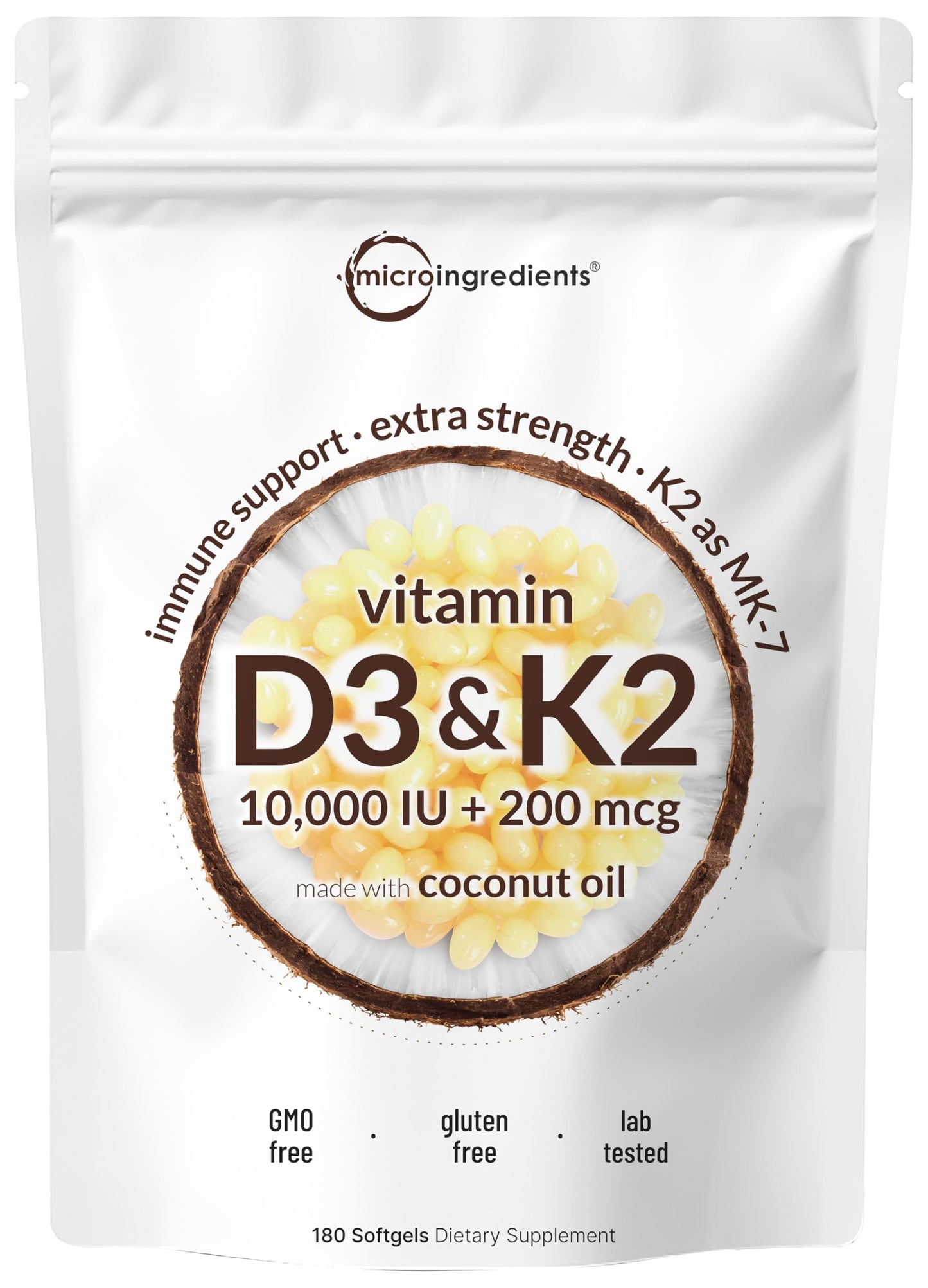 Micro Ingredients Vitamin D3 10,000 IU + K2 MK-7 200 mcg, 180 Softgels with Virgin Coconut Oil | 2-in-1 Vitamins D & K Complex Micro Ingredients