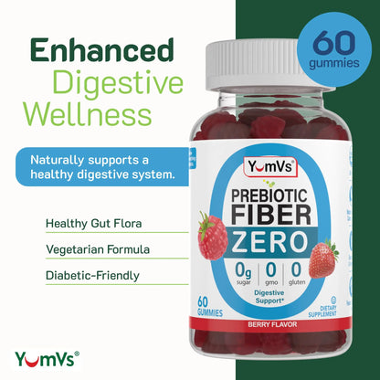 YumVs Sugar Free Prebiotic Fiber Gummies for Adults and Kids - Berry Flavor - Kosher Halal 4g High Fiber Supplement for Women and Men YUM-V'S