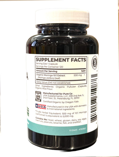 USDA Organic Moringa Capsules - High Potency Organic Moringa 500mg Extract 10:1 Per 1 Capsule Serving - Nutrient Dense Green Superfood Antioxidant PURE CO