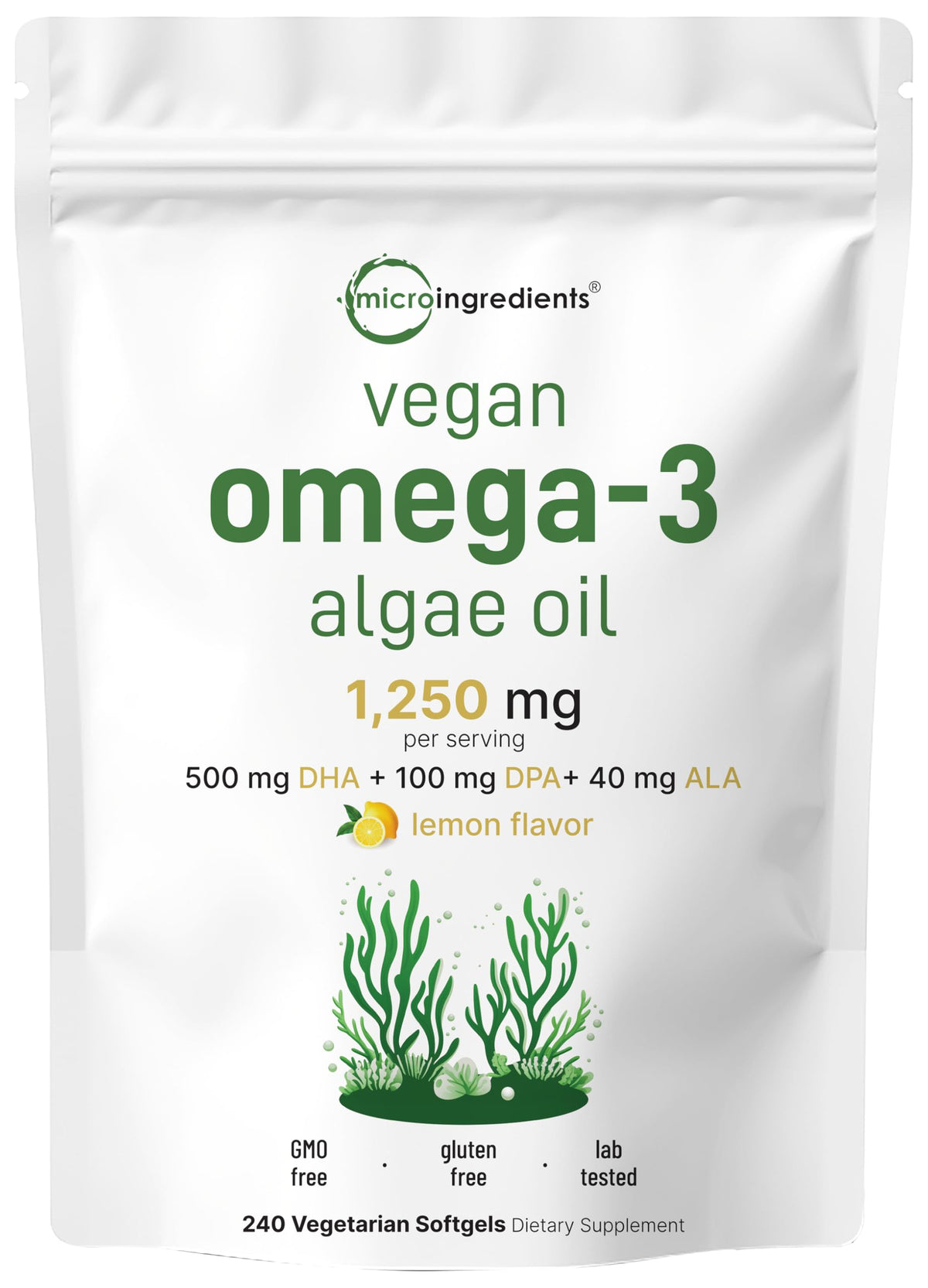 Micro Ingredients Vegan Omega 3 Algae Oil, 240 Veggie Softgels | Fish Oil Alternative | DHA 500mg & DPA 100mg | Carrageenan Free | Plant-Based Omega 3 Micro Ingredients