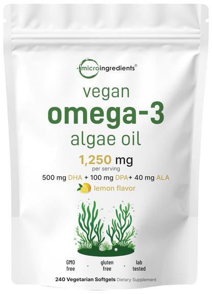 Micro Ingredients Vegan Omega 3 Algae Oil, 240 Veggie Softgels | Fish Oil Alternative | DHA 500mg & DPA 100mg | Carrageenan Free | Plant-Based Omega 3 Micro Ingredients