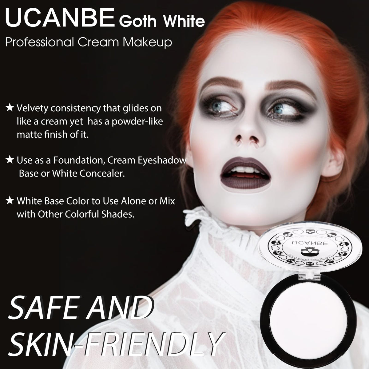 UCANBE Goth White Cream to Powder Foundation Makeup, Professional Clown White Face Body Paint with Matte Finish for Halloween, SFX Makeup, Cosplay, Costume, Stage, Mime & Film(0.52oz) UCANBE