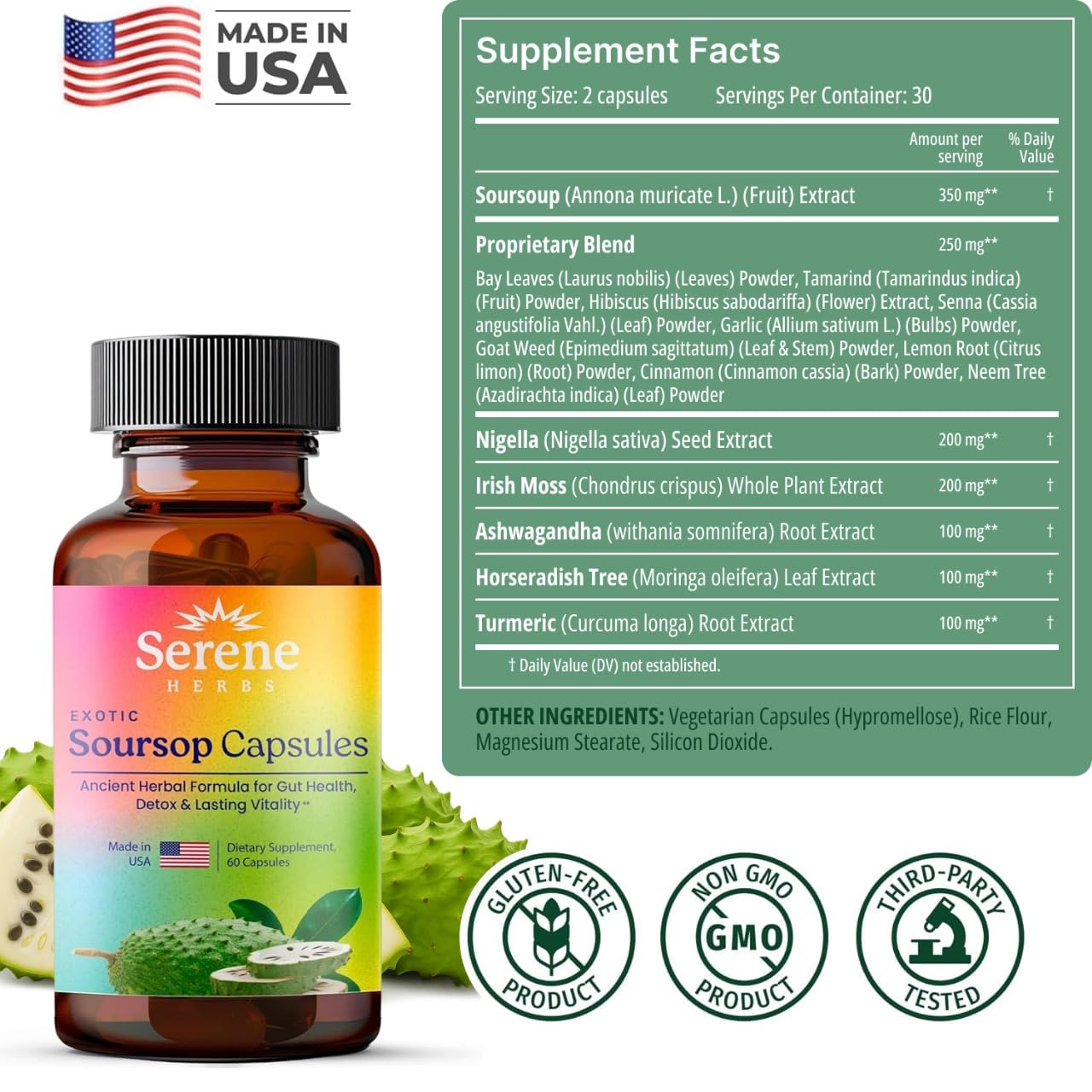 Serene Herbs Graviola Soursop Capsules Organic - Guanabana Extract Pills with Black Seed, Irish Moss & Moringa - 16 Herb Daily Supplements & Digestive Support - Vegan, Non-GMO (Pack of 1)