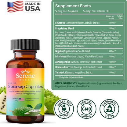 Serene Herbs Graviola Soursop Capsules Organic - Guanabana Extract Pills with Black Seed, Irish Moss & Moringa - 16 Herb Daily Supplements & Digestive Support - Vegan, Non-GMO (Pack of 1)