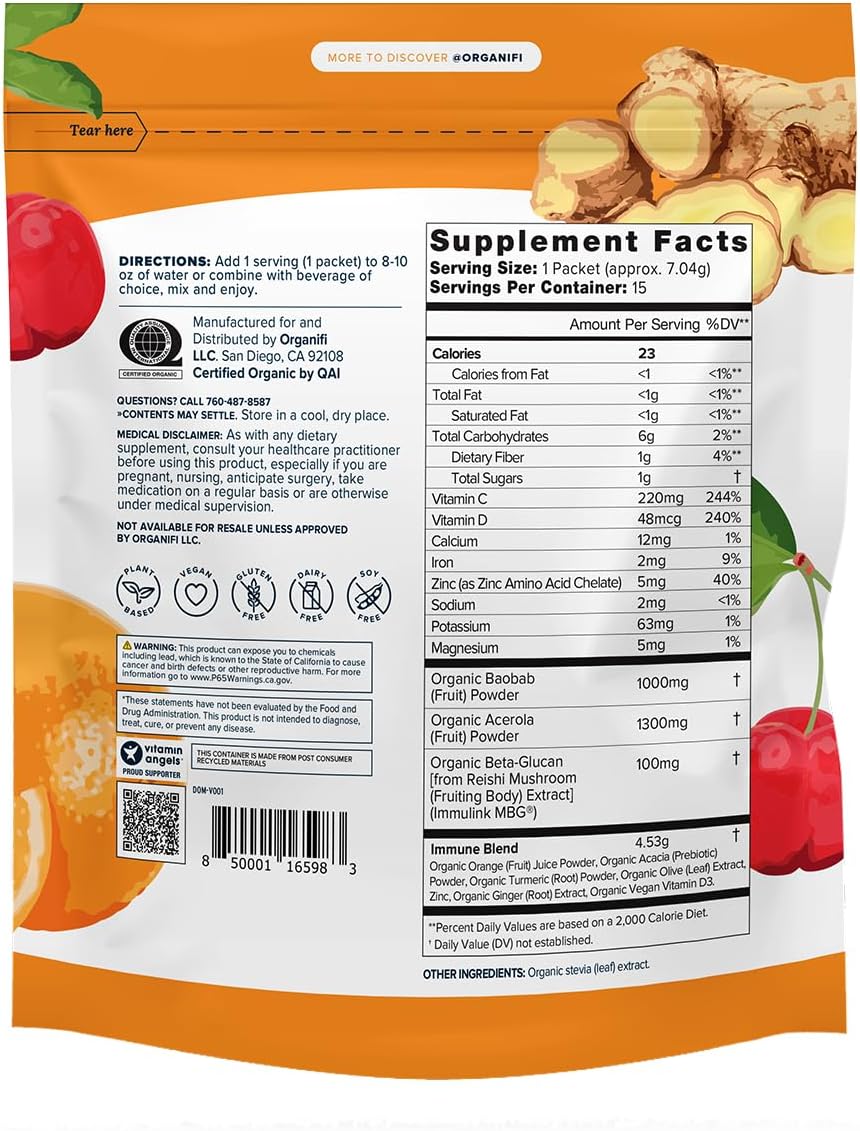 Organifi Immunity - Organic Superfood Immunity Support - 15 Single Serve Packets - Immunity Powder for T Cell Production and Upper Respiratory Health - Mushroom Beta Glucans, Vitamin C, D and Zinc Gsupps Australia