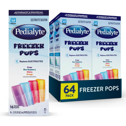 Pedialyte Electrolyte Solution Freezer Pops, Hydration Variety Pack— Grape, Blue Raspberry, Cherry, Orange, Pack of 64 Pedialyte