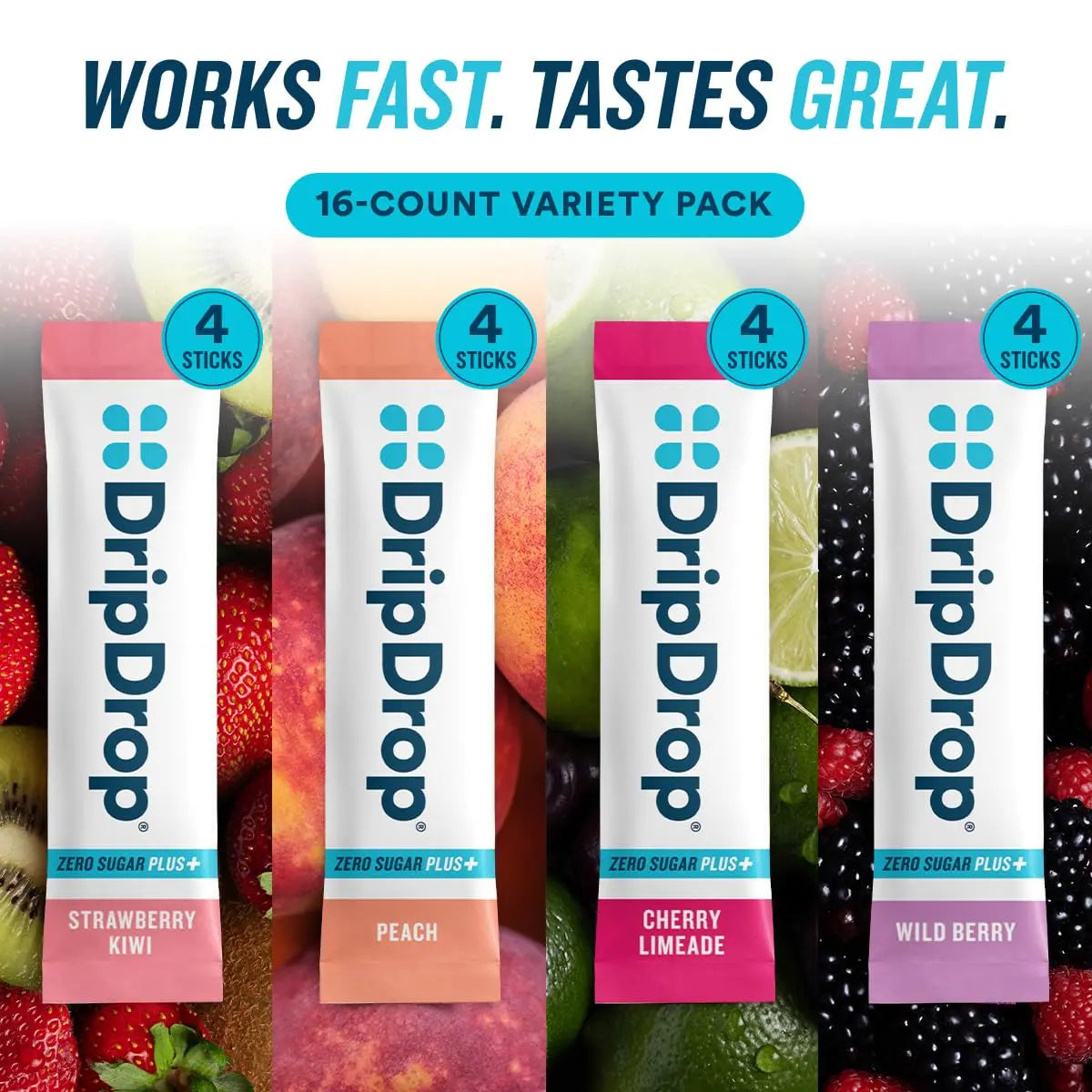 DripDrop Zero Sugar Plus - Sugar Free Hydration Packets - Single Serve Electrolytes Powder Drink Mix - Strawberry Kiwi, Peach, Cherry Limeade, Wild Berry DripDrop