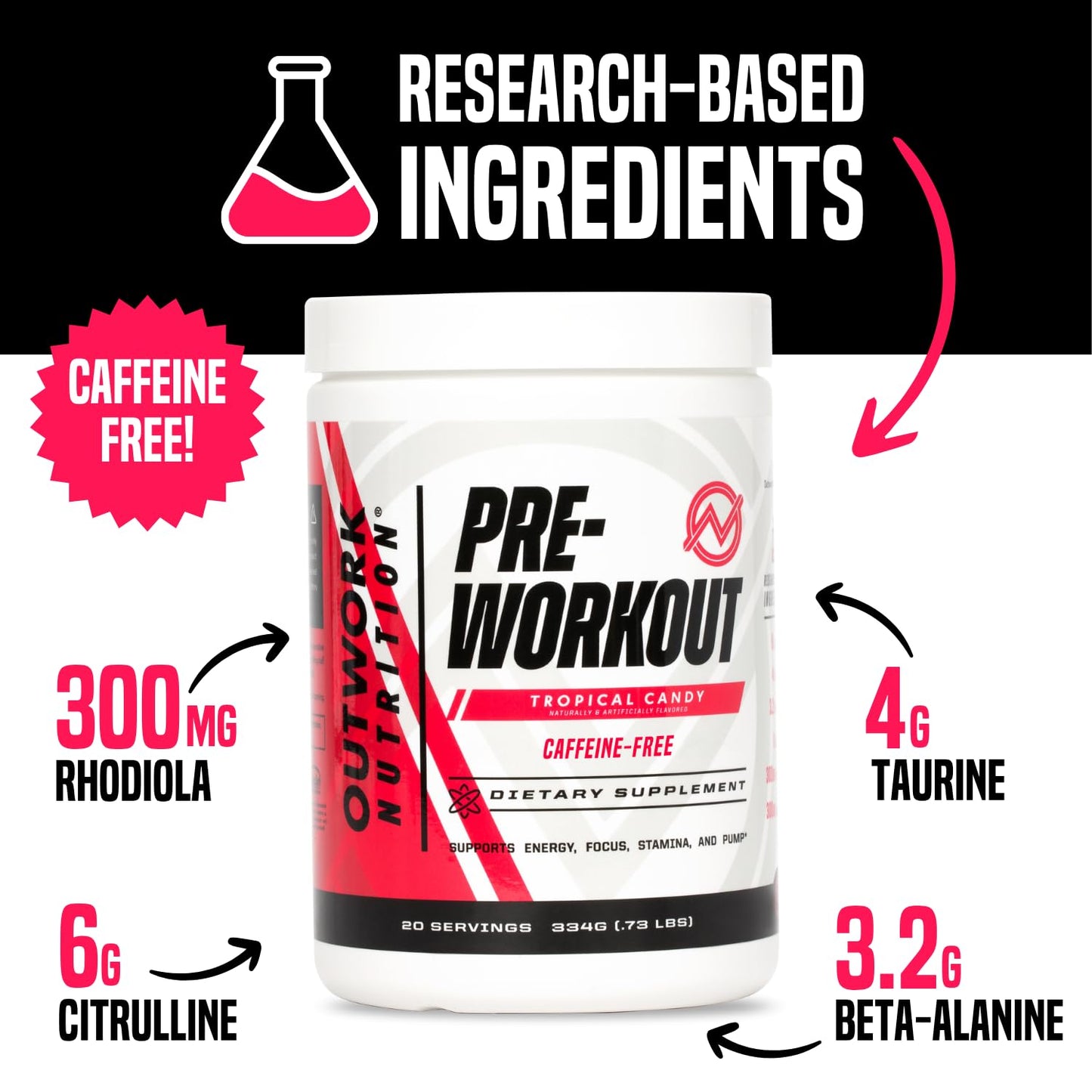 Outwork Nutrition Non-Stim Pre Workout Powder - Citrulline Malate, Beta-Alanine, Rhodiola Extract for Performance, Focus & Energy Boost - Preworkout for Men, Women (Caffeine Free, Tropical Candy)
