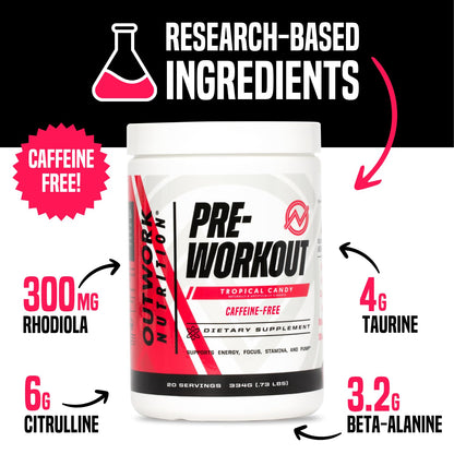 Outwork Nutrition Non-Stim Pre Workout Powder - Citrulline Malate, Beta-Alanine, Rhodiola Extract for Performance, Focus & Energy Boost - Preworkout for Men, Women (Caffeine Free, Tropical Candy)