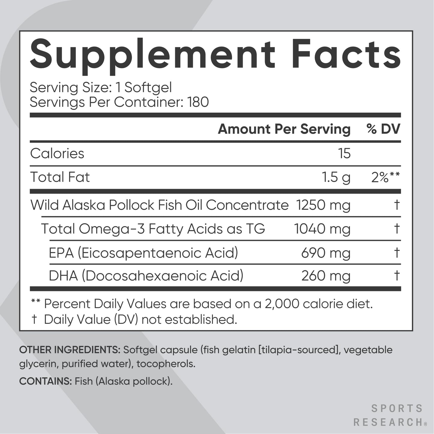 Sports Research® Omega-3 Fish Oil 1250mg from Wild Alaska Pollock, 90 Count | Always Fresh Never Fishy | 690mg EPA 260mg DHA per Softgel · Heart & Brain Health* · MSC Certified Sustainable - 90 Servings Gsupps Australia