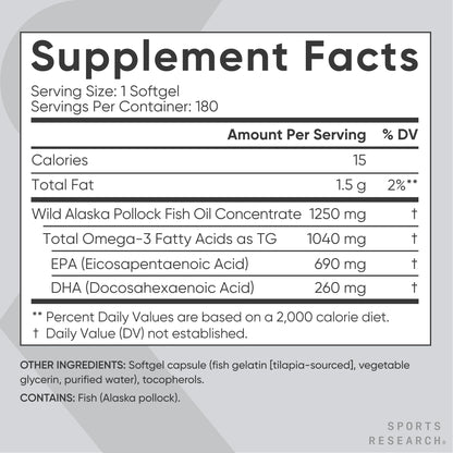 Sports Research® Omega-3 Fish Oil 1250mg from Wild Alaska Pollock, 90 Count | Always Fresh Never Fishy | 690mg EPA 260mg DHA per Softgel · Heart & Brain Health* · MSC Certified Sustainable - 90 Servings Gsupps Australia