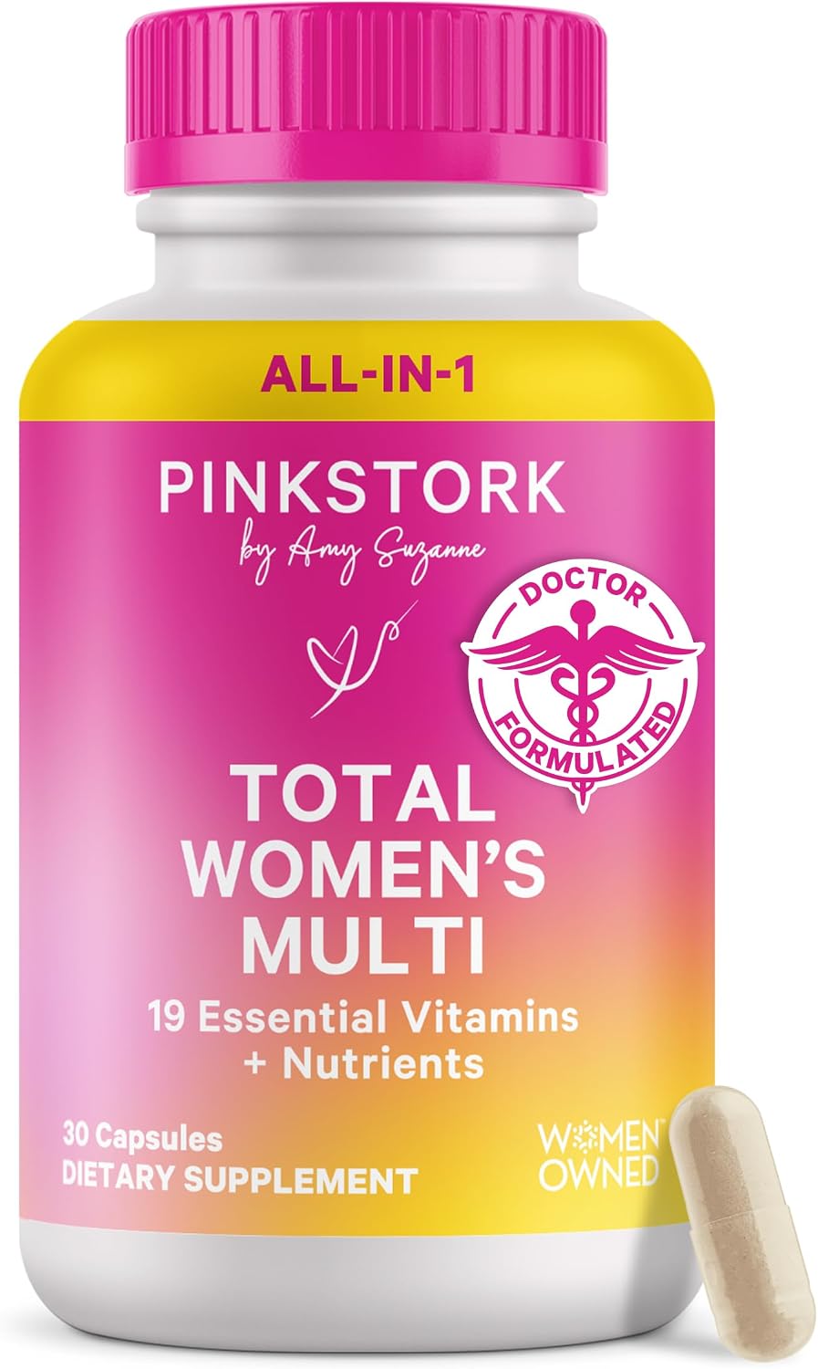 Pink Stork Total Women's Multivitamin, 19 Essential Vitamins, 30 Capsules | Energy, Metabolism, Hormone Support, Immune & Mood Support with B6, B12, Biotin, Iron & Zinc