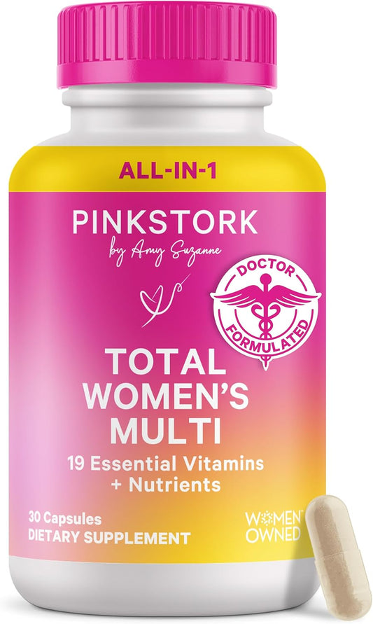 Pink Stork Total Women's Multivitamin, 19 Essential Vitamins, 30 Capsules | Energy, Metabolism, Hormone Support, Immune & Mood Support with B6, B12, Biotin, Iron & Zinc