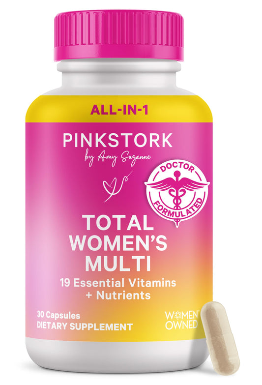 Pink Stork Total Women's Multivitamin - 19 Essential Vitamins for Women & Nutrients – Energy, Metabolism, Hormone, Immune & Mood Support – B6, B12, Biotin, Iron & Zinc – 30 Capsules Pink Stork