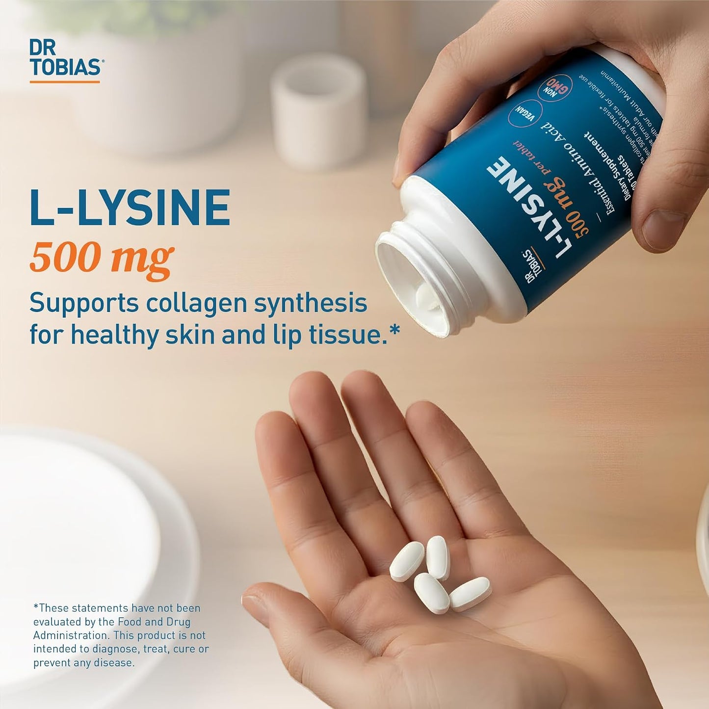 Dr. Tobias L-Lysine 500 mg Tablets | Essential Amino Acid for Daily Wellness | Supports Collagen Synthesis* | Vegan, Non-GMO, Gelatin-Free Lysine Supplement | 100 Tablets