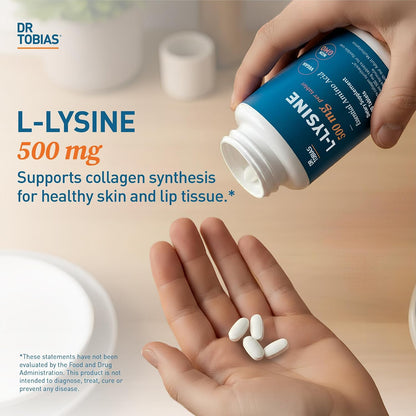 Dr. Tobias L-Lysine 500 mg Tablets | Essential Amino Acid for Daily Wellness | Supports Collagen Synthesis* | Vegan, Non-GMO, Gelatin-Free Lysine Supplement | 100 Tablets