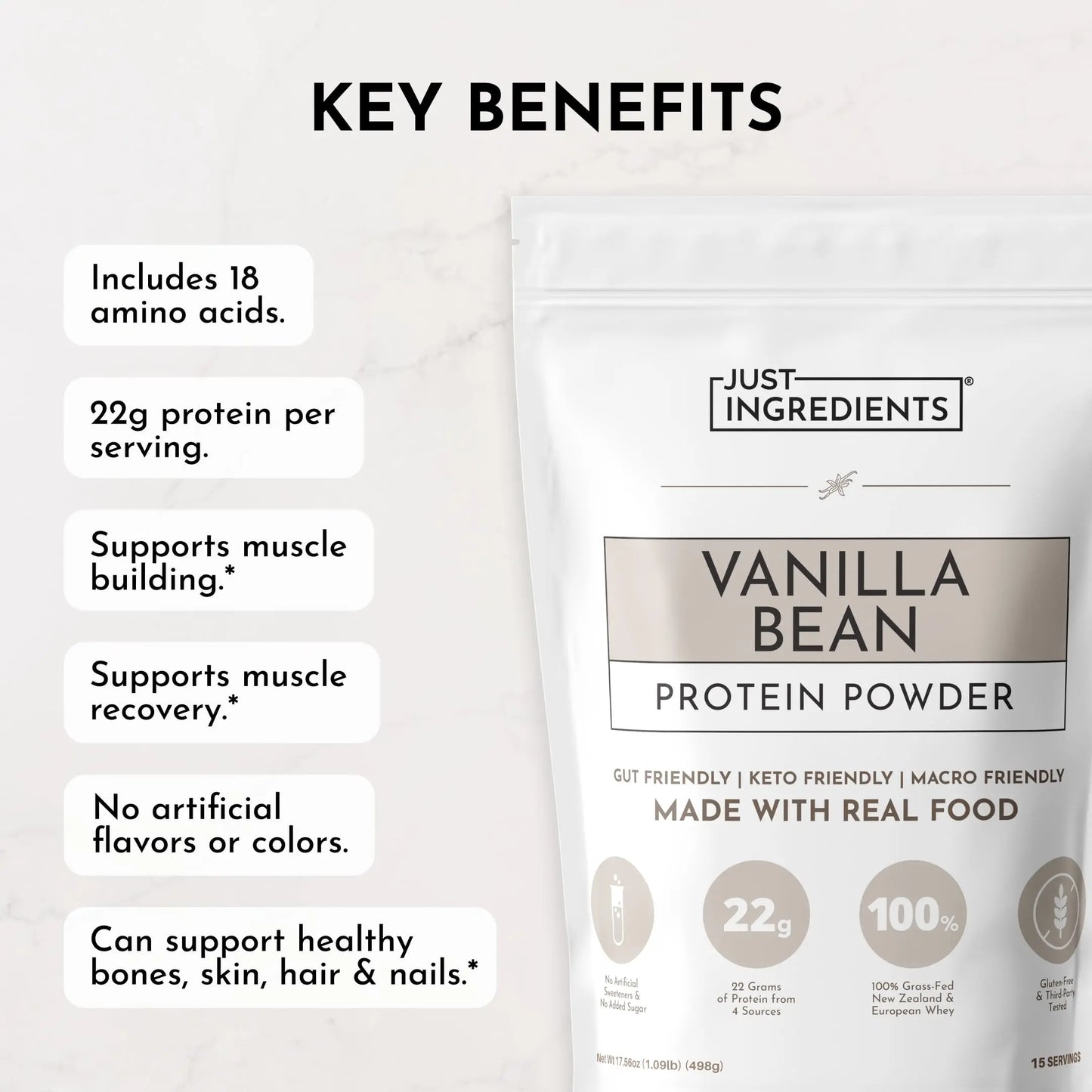JUST INGREDIENTS Vanilla Protein Powder - Grass-Fed Whey Blend, Organic, Gluten Free, Dairy Free, Soy Free - 15 Servings, 22g Protein JUST INGREDIENTS