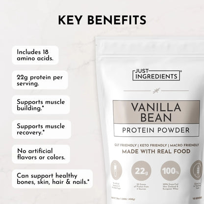 JUST INGREDIENTS Vanilla Protein Powder - Grass-Fed Whey Blend, Organic, Gluten Free, Dairy Free, Soy Free - 15 Servings, 22g Protein JUST INGREDIENTS