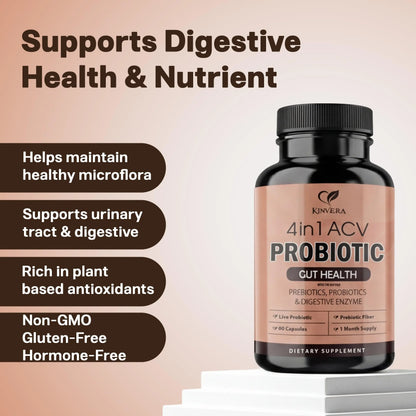 4-in-1 ACV Gut Formula – Apple Cider Vinegar, Prebiotics & Probiotics, Digestive Enzymes – Immune & Complete Digestion – 60 Veggie Capsules KINVERA