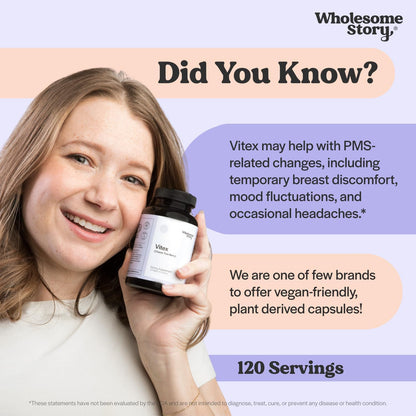 Wholesome Story Organic Vitex Chasteberry Supplement for Women | Hormone Balance, Fertility Support & Period Regulation | Vitex Berry Agnus Castus Extract | 120 Capsules | Chaste Tree Berry