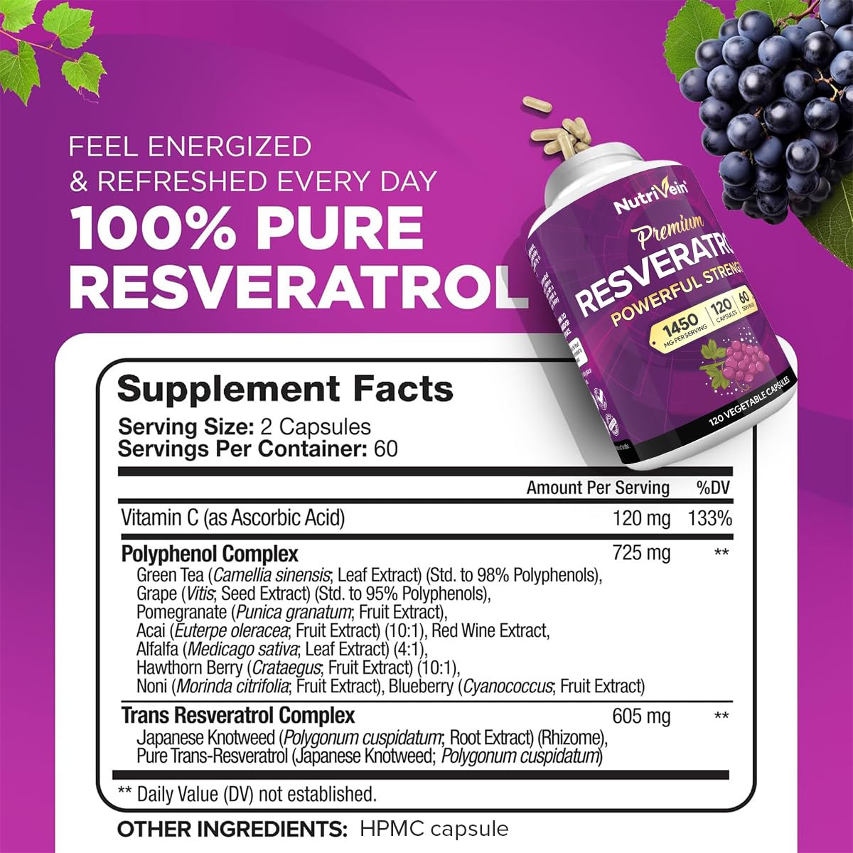 Nutrivein Premium Resveratrol 1450mg - 120 Caps: Pure Trans Resveratrol Supplement Enhanced with Green Tea Leaf & Acai Berry Nutrivein