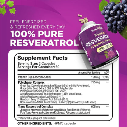 Nutrivein Premium Resveratrol 1450mg - 120 Caps: Pure Trans Resveratrol Supplement Enhanced with Green Tea Leaf & Acai Berry Nutrivein