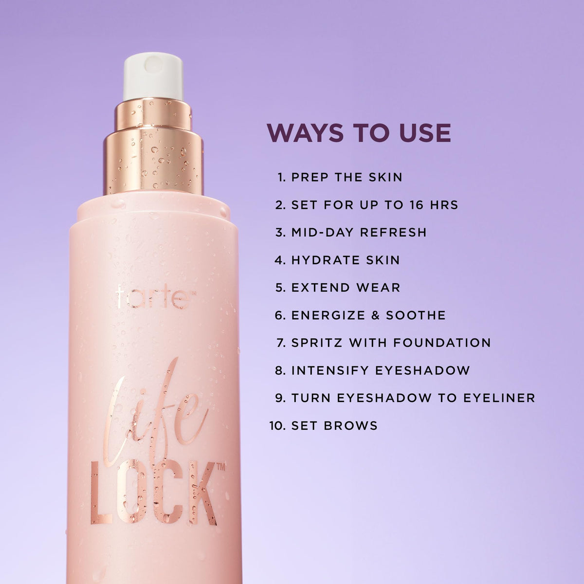 tarte life lock hydrating setting spray – 10-in-1 Weightless Mist to Hydrate & Lock Long-Lasting Makeup, Waterproof, Sweatproof & Transfer-Resistant, Vegan & Cruelty-Free, travel size tarte