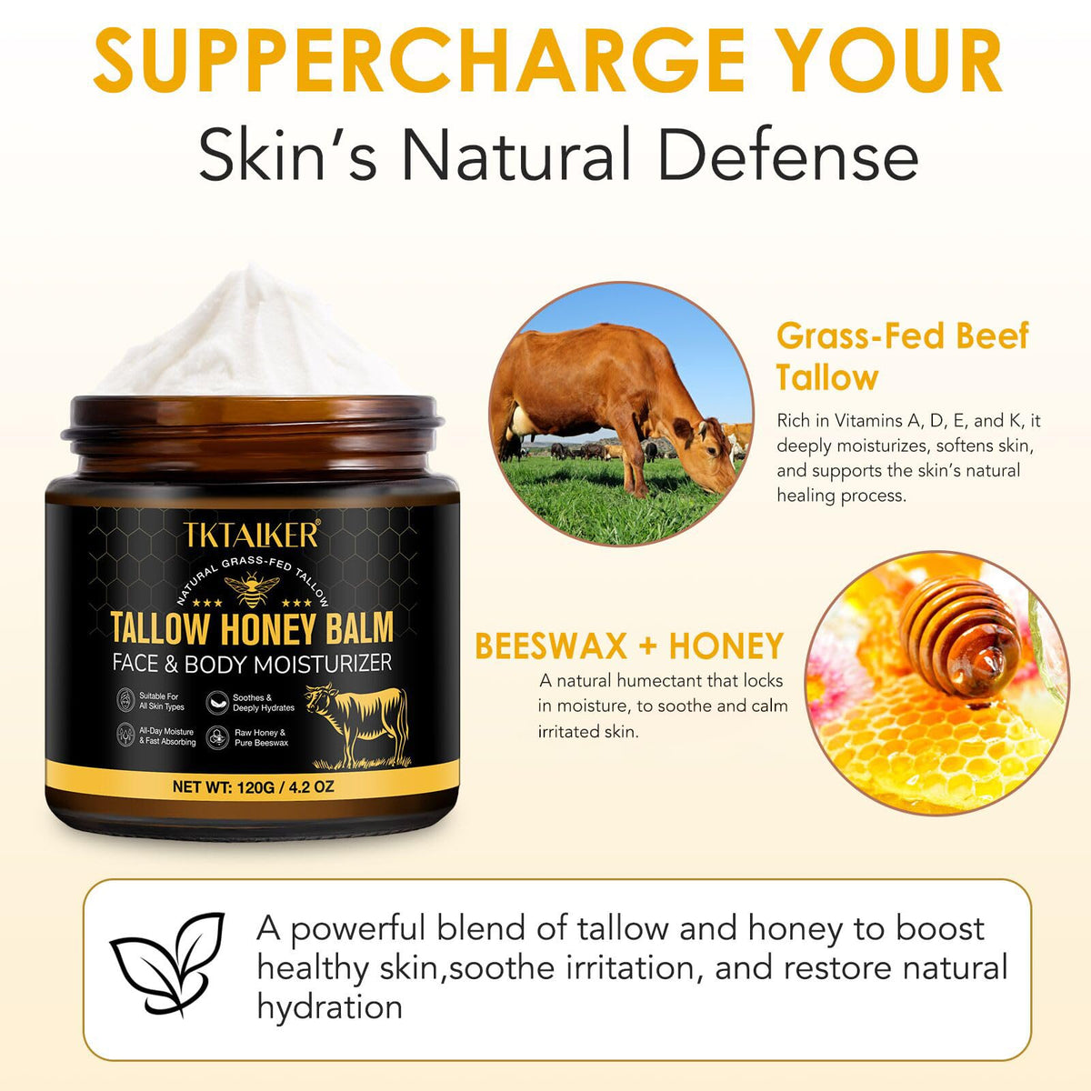 Beef Tallow for Skin, Beef Tallow for Face, Hydrating Tallow Balm with TKTALKER