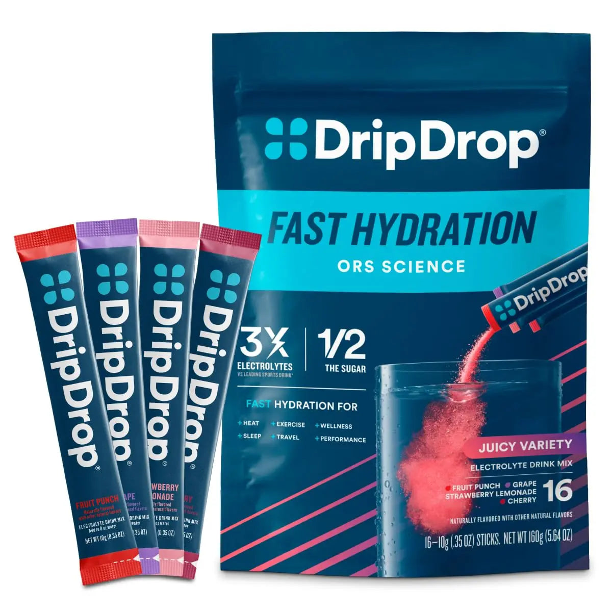 DripDrop Hydration Packets - Juicy Variety Pack - Single Serve Electrolytes Powder Drink Mix - Grape, Fruit Punch, Strawberry Lemonade, Cherry DripDrop