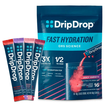DripDrop Hydration Packets - Juicy Variety Pack - Single Serve Electrolytes Powder Drink Mix - Grape, Fruit Punch, Strawberry Lemonade, Cherry DripDrop