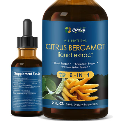LeaforClensey Citrus Bergamot Liquid Drops for High Cholesterol, Bergamot Extract Blend Supplements with Red Yeast Rice & CoQ10 for Heart LeaforClensey