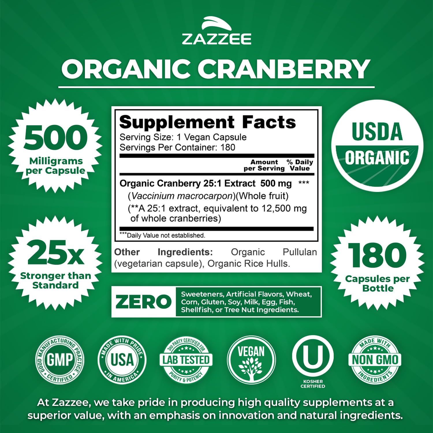 Zazzee USDA Organic Cranberry 25:1 Extract, 500mg per Capsule, 100 Capsules | Vegan, 3+ Month Supply, Certified Kosher, Vaccinium Macrocarpon, Non-GMO, Made in the USA Gsupps Australia
