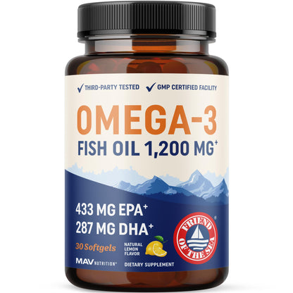 Triple Strength Omega 3 Fish Oil 1200 mg | EPA & DHA | Wild Caught, Sustainably Sourced Omega-3 Fatty Acids | Premium Burpless Fish Oil Supplements MAV NUTRITION