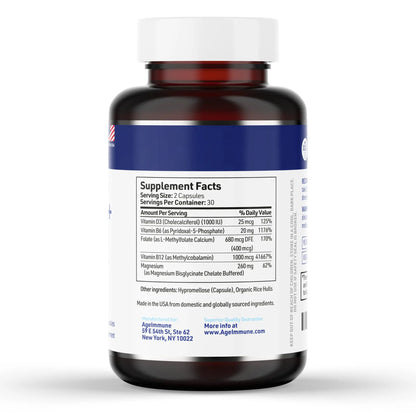 AgeImmune Vitamin B Complex with Vitamin D3 B12 B6 Magnesium Bisglycinate and Folate as Methylfolate - Doctor Formulated Methylated B Complex Supplement AgeImmune