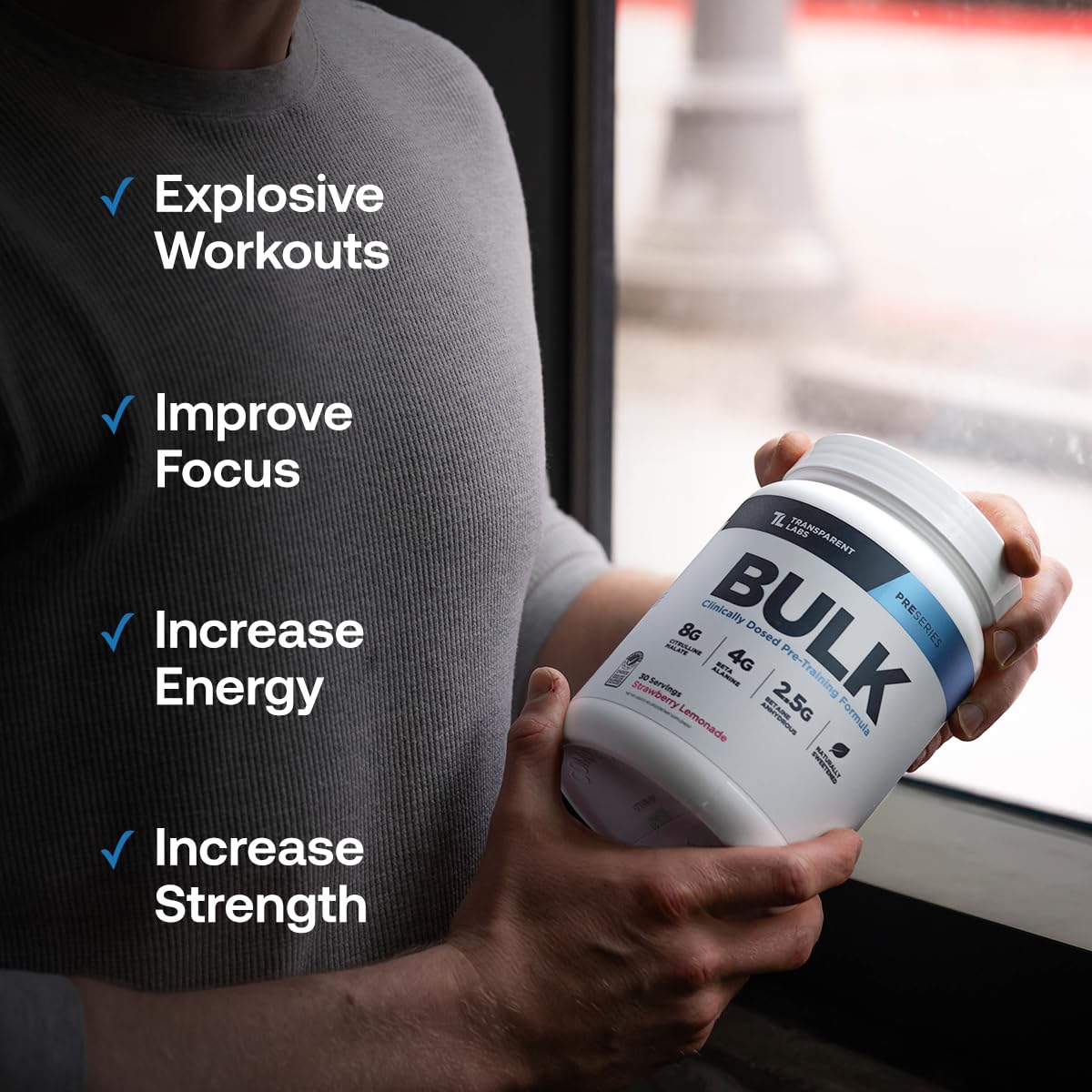 Transparent Labs Bulk Pre Workout Powder - Naturally Sweetened Preworkout for Men & Women, Pre Work Out for Muscle Building & Strength w/Beta Alanine & BetaPure - 30 Servings, Strawberry Lemonade