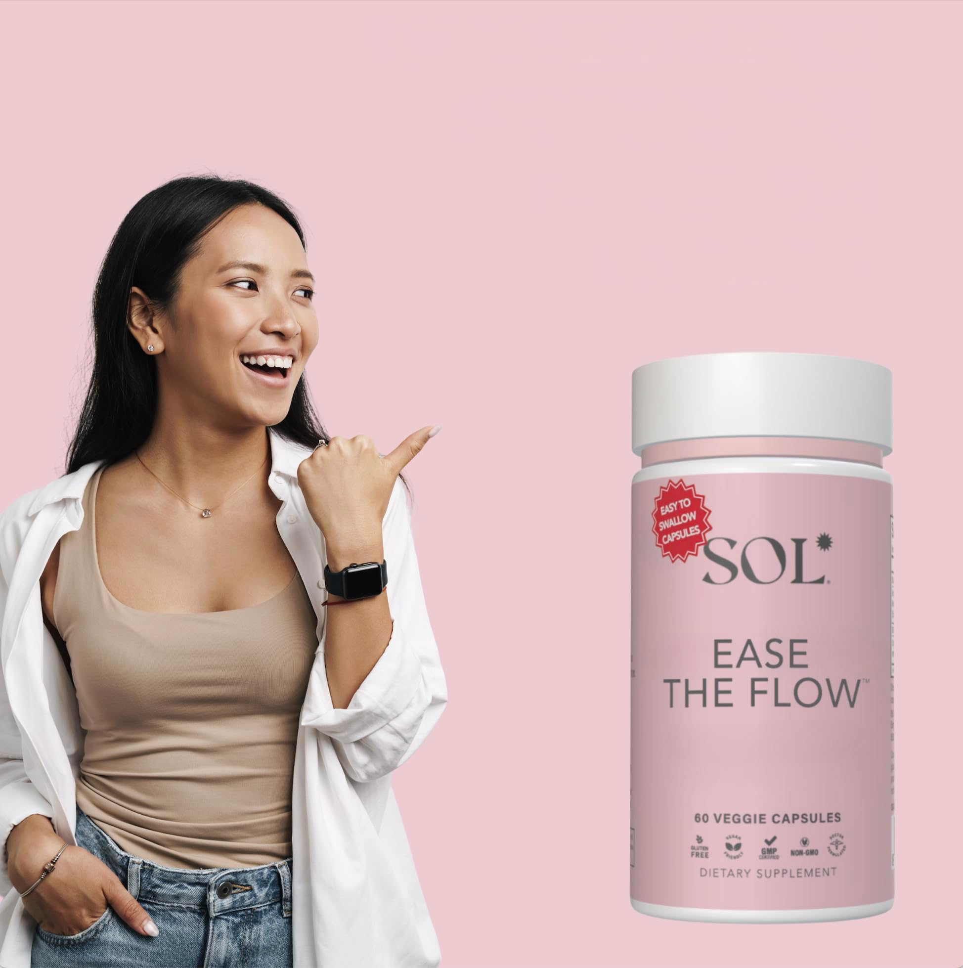 Sol Nutrition Ease the Flow - PMS Support, Menstrual Relief, PMDD Supplements, Period Relief Products, Eases Bloating & Mood Swings, Vitamins B6 & B8, 60 Easy-to-Swallow Capsules Sol Nutrition buy australia supplements