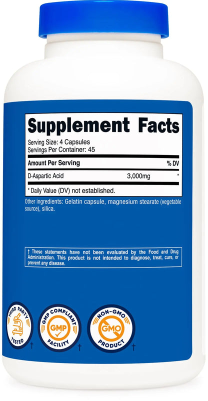 Nutricost D-Aspartic Acid (DAA) Capsules 3000mg Per Serving (180 Capsules) - Non-GMO Nutricost