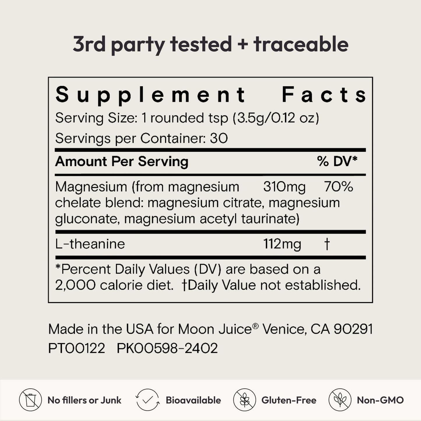 Moon Juice Magnesi-Om Magnesium Powder Supplement - Chelated Magnesium Complex + L-Theanine Blend for Rest, Relaxation & Regularity - Vegan, Non-GMO & No Sugar, Berry, 4.2 oz, 30 Servings