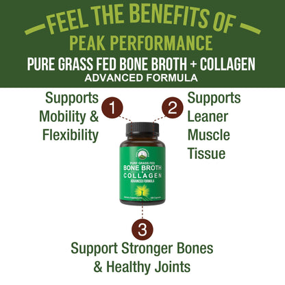 Peak Performance Bone Broth Collagen Capsules - 180 Pills of Grass Fed Bone Broth Collagen Protein Peptides - Contains All 3 Types 1, 2, and 3 - Pure Pasture Peak Performance