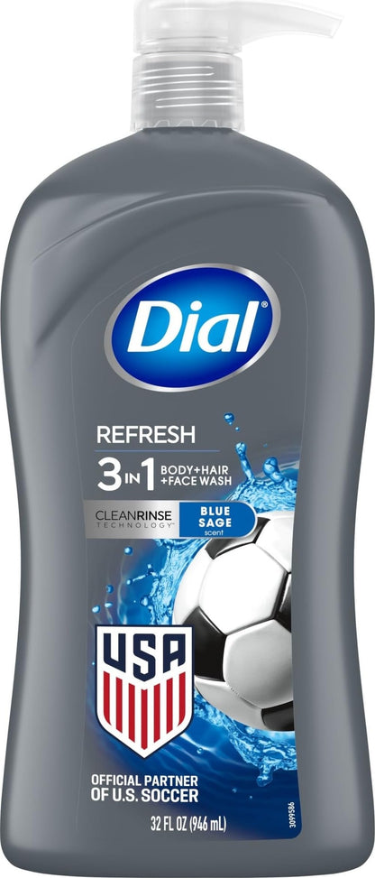 Dial Men 3 in 1 Body, Hair and Face Wash, Refresh, 32 Fl Oz, Blue Sage Scent, Cleanses Deep + Gentle on Skin with Clean Rinse Technology Dial